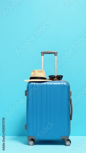 blue rolling suitcase standing upright against a bright blue background with a straw hat and sunglasses placed on top, concept of travel, vacation, and tourism photo