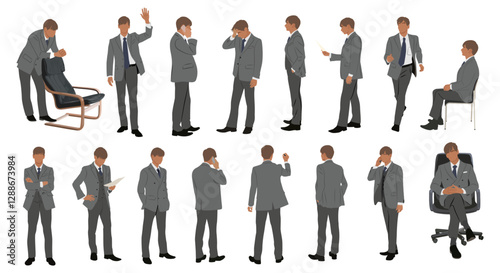 Businessman character in different poses. Handsome business man in formal suit standing, walking, sitting, with phone, front, back, side view. Vector realistic illustration set 