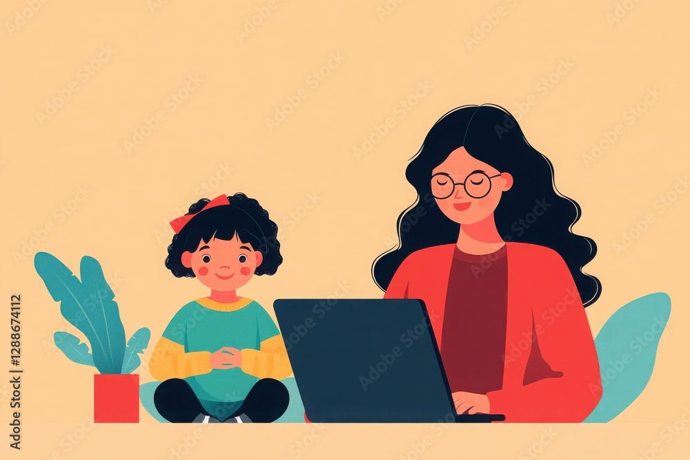 A cheerful mother and child enjoy quality time together while working on a laptop in a cozy indoor setting. A cheerful mother and child enjoy quality time together while working on a laptop in a cozy indoor setting.