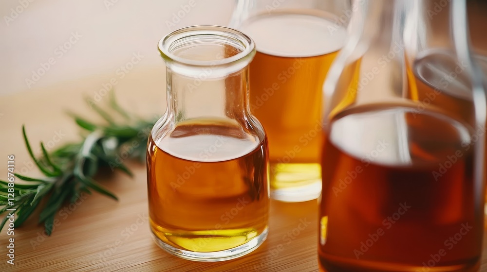 Assorted glass bottles filled with aromatic oils on a wooden surface with herbs nearby Assorted glass bottles filled with aromatic oils on a wooden surface with herbs nearby