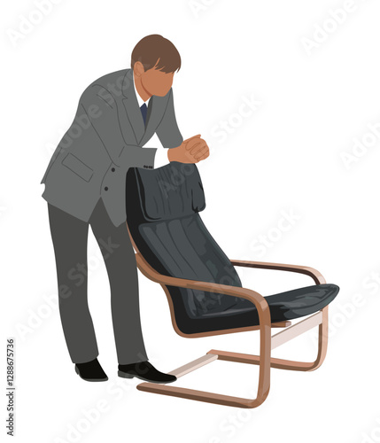 Businessman stands leaning on an office chair. Handsome business man character in formal suit and tie. Vector cartoon realistic illustration isolated 