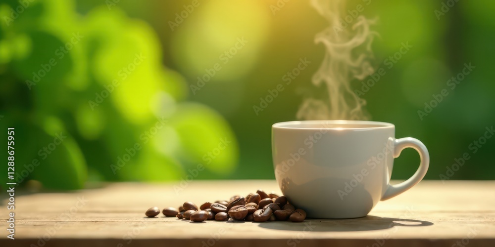 Aromatic Coffee Steam Rising from a Mug on a Wooden Table Outdoors Aromatic Coffee Steam Rising from a Mug on a Wooden Table Outdoors
