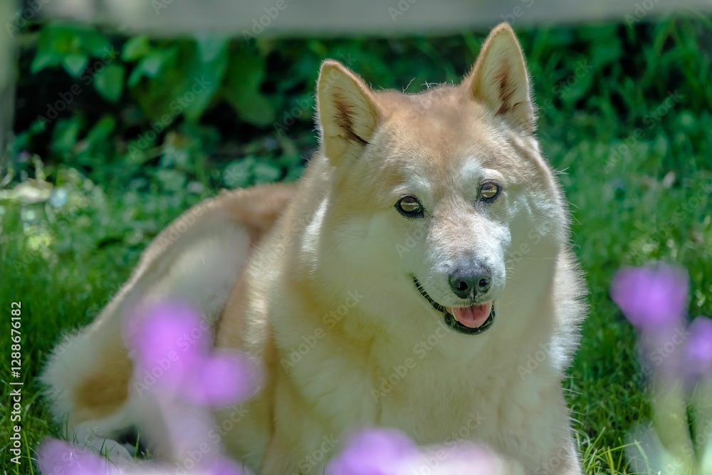 Fototapeta premium Fluffy dog in a garden with purple flowers.
