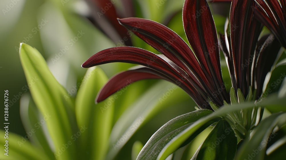Obraz premium A vibrant, deep purple flower, its petals sharply in focus, stands out against a softly blurred green background, a testament to nature's beauty in its intricate details. 