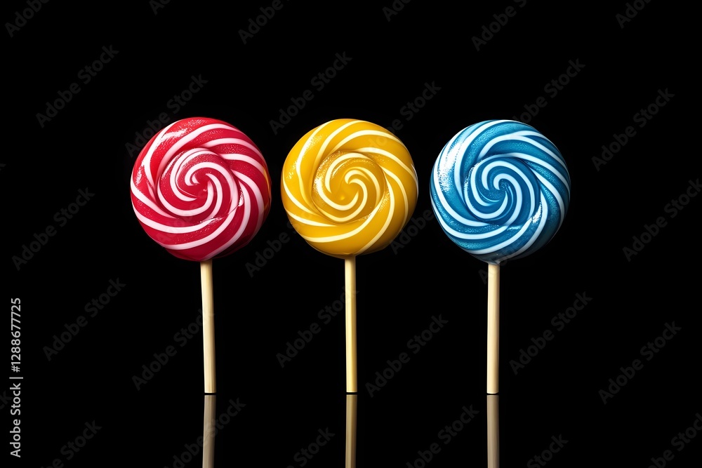Round lollipop with vibrant rainbow colors, classic hard candy on a stick, sugary treat illustration for packaging and branding, comic book style