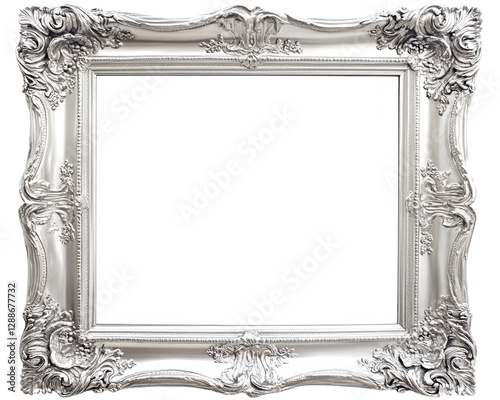 Ornate silver picture frame, white isolated background