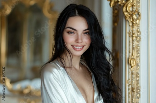 Portrait of a Young Woman with Long Dark Hair in a Satin Robe and Smiling near Ornate Gold Mirror Free Download Portrait of a Young Woman with Long Dark Hair in a Satin Robe and Smiling near Ornate Gold Mirror - GFXLoad