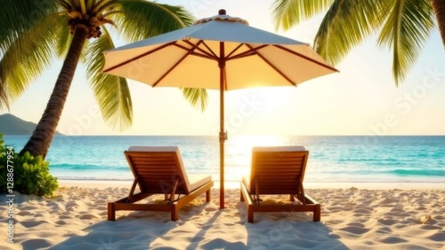 two wooden sun loungers with cushions under a beach umbrella on a tropical sandy shore surrounded by lush palm trees, overlooking a turquoise ocean at sunset, luxury vacation, travel, and relaxation