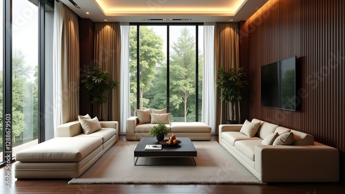 Elegant Modern Living Room with Large Windows and Natural Light Surrounded by Lush Green Trees