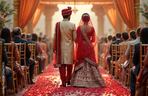 Back view of Indian bride and groom walking aisle at wedding ceremony in traditional red clothes. Hindu honeymooners in India. People celebrate marriage in saree with jewellery and flower petals.
