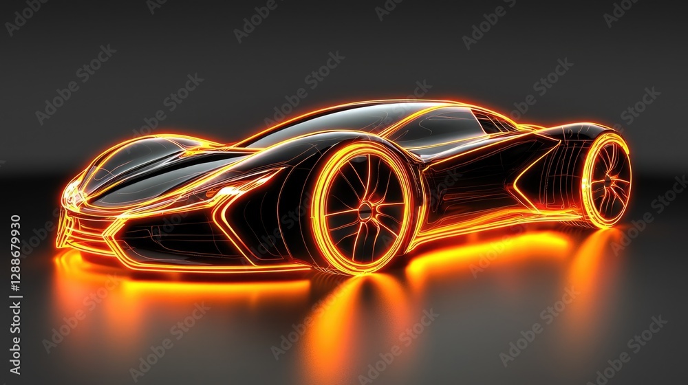 Futuristic car illuminated with glowing orange lines against a dark background. Futuristic car illuminated with glowing orange lines against a dark background.