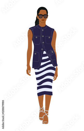 Black business woman vector illustration. Attractive african american girl in fashionable smart casual office outfit walking. Pretty lady boss cartoon character Isolated