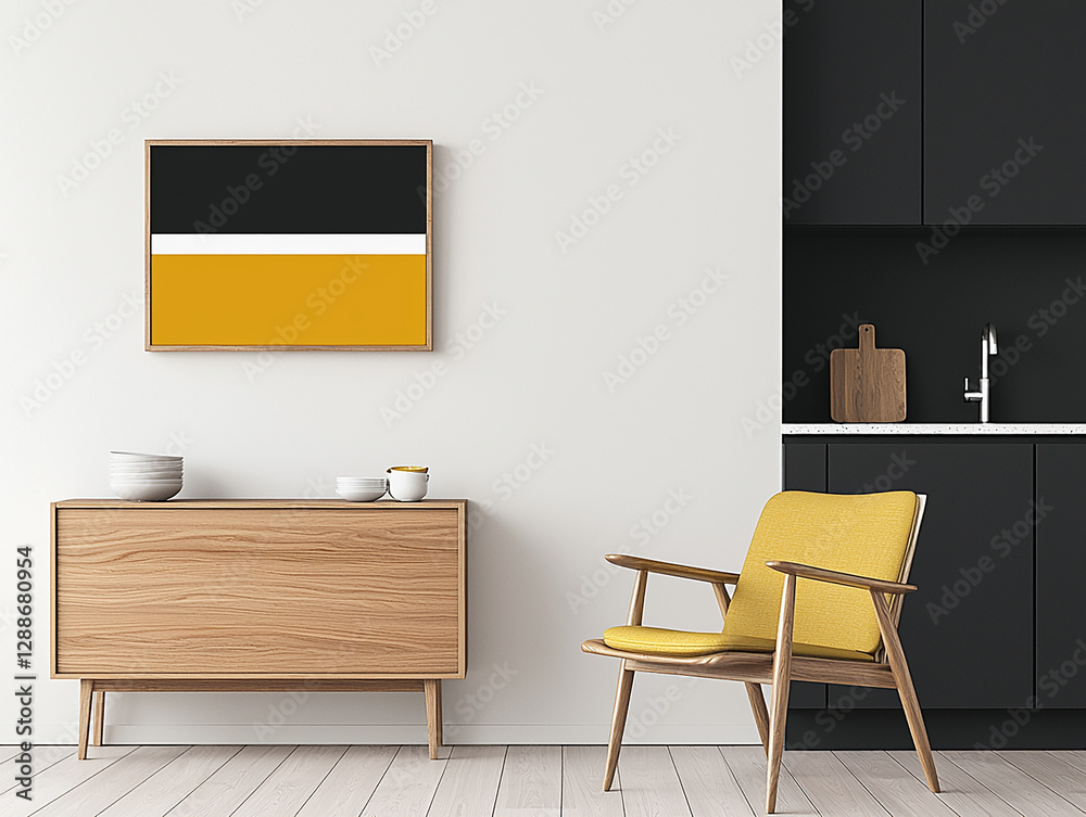 Abstract art composition in modern kitchen deep blues and sunny yellows contemporary style Abstract art composition in modern kitchen deep blues and sunny yellows contemporary style