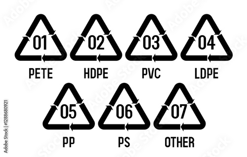 Classification of plastics. Plastic marking. Plastic recycling codes. Vector black icon set.