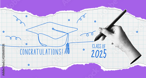 Congratulations, class of 2025. Trendy halftone collage banner with hand with pen draws one line graduation cap. Happy graduation day. Modern retro style. Vector illustration