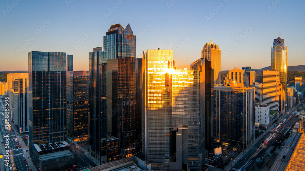 Fototapeta premium Drone view of the city's financial district skyline at dawn