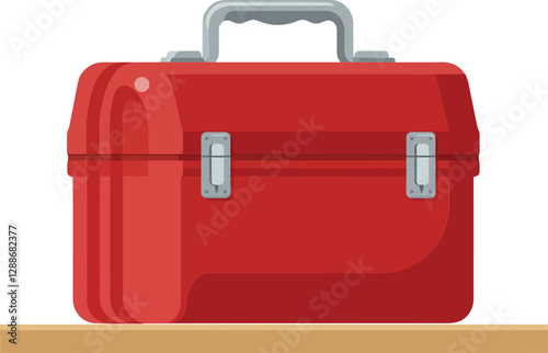 Red toolbox design in flat style featuring shiny metallic details and simple shapes vector art
