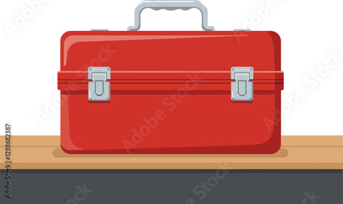 Red toolbox design with flat style on a wooden surface vector art