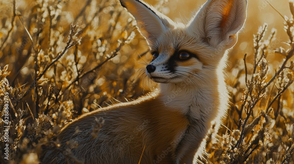 Obraz premium Fox portrait in golden grasslands wildlife photography nature setting close-up perspective animal behavior
