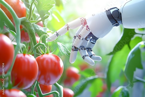 An AI robot tending to plants in an indoor greenhouse, surrounded by fresh tomatoes and green leaves. The robotic arm is moving between rows of tomato plants