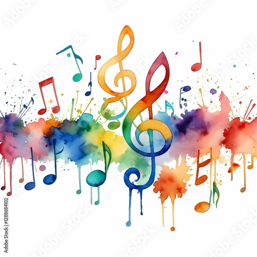 Colorful music notes of different colors pinned on white background with colorful watercolor splashe 