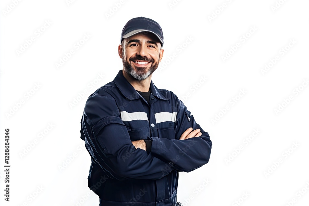 Confident worker in uniform against white background Confident worker in uniform against white background