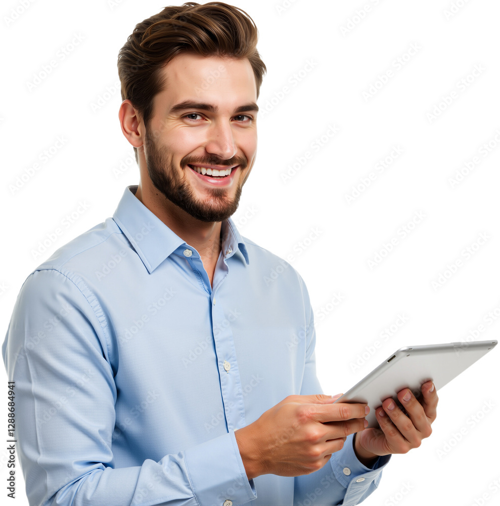 Young Handsome Man Holding a Tablet, Smiling Nicely, Isolated on a Transparent Background, PNG format Young Handsome Man Holding a Tablet, Smiling Nicely, Isolated on a Transparent Background, PNG format