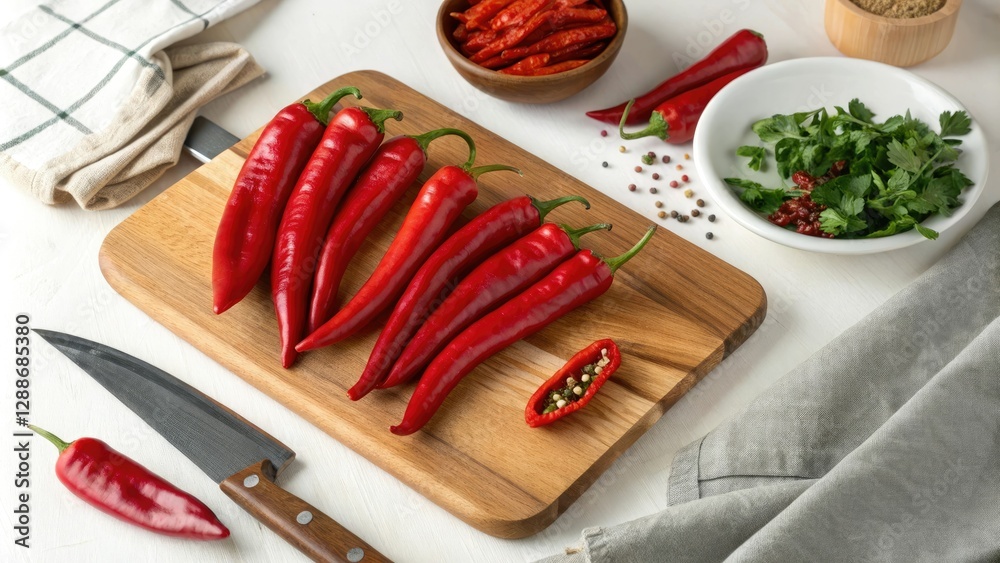 Fresh red chipotle chilies on a wooden cutting board with knife and peeler, food preparation, wood grain pattern, fresh red chili peppers, chopping utensils Fresh red chipotle chilies on a wooden cutting board with knife and peeler, food preparation, wood grain pattern, fresh red chili peppers, chopping utensils