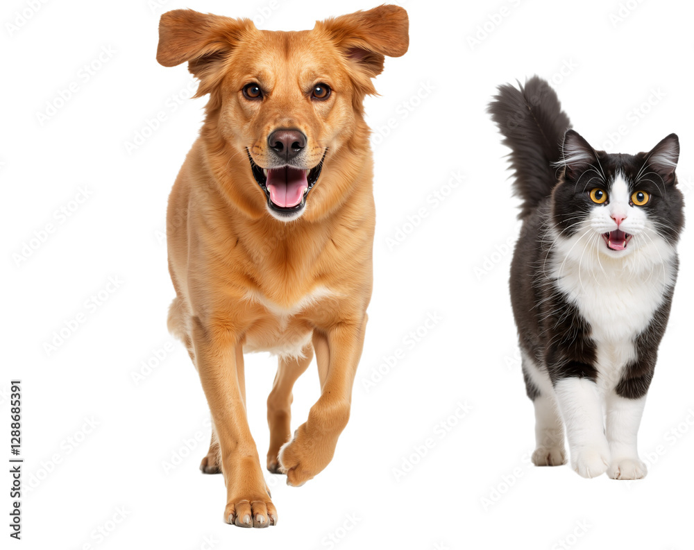 Cat and Dog Running and Playing Together, Showcasing Animal Friendship, Isolated on Transparent Background, PNG format Cat and Dog Running and Playing Together, Showcasing Animal Friendship, Isolated on Transparent Background, PNG format