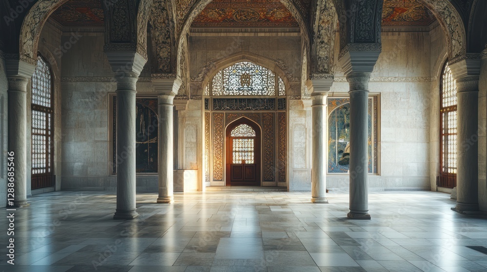 Obraz premium Sunlit Palace Hall, Marble Floor, Archways, Persian Design, Interior Design