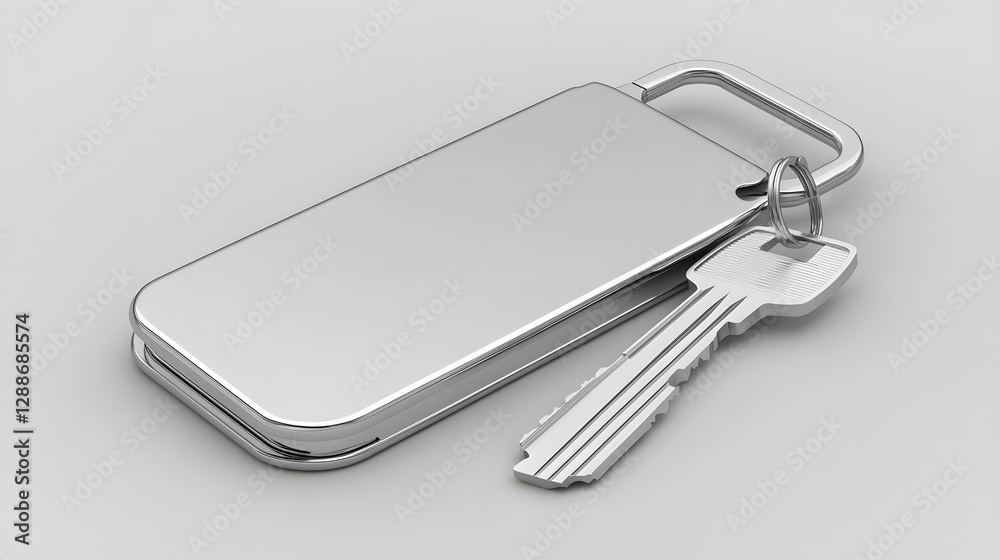 Minimalist Silver Keys and Keychain on a Plain Background