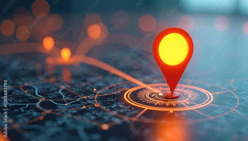 Fototapeta premium Digital AI tech map displaying location with orange pins set. Innovation in delivery services and map location for future transport logistics, geolocation. 3D illustration abstract background.
