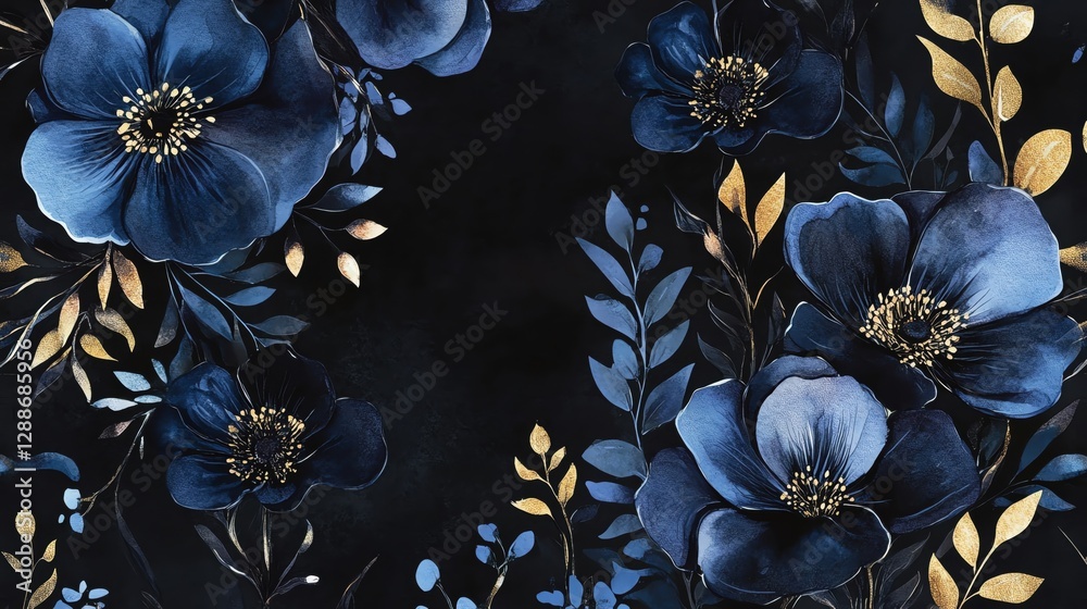 Fototapeta premium Dark moody watercolor themes. Dark moody watercolor themes. Elegant dark floral design with blue flowers.