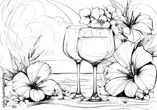 Coloring page with a white background, a glass of wine, and flowers. The illustration features thick lines, low detail, and is in black and white with no shading.