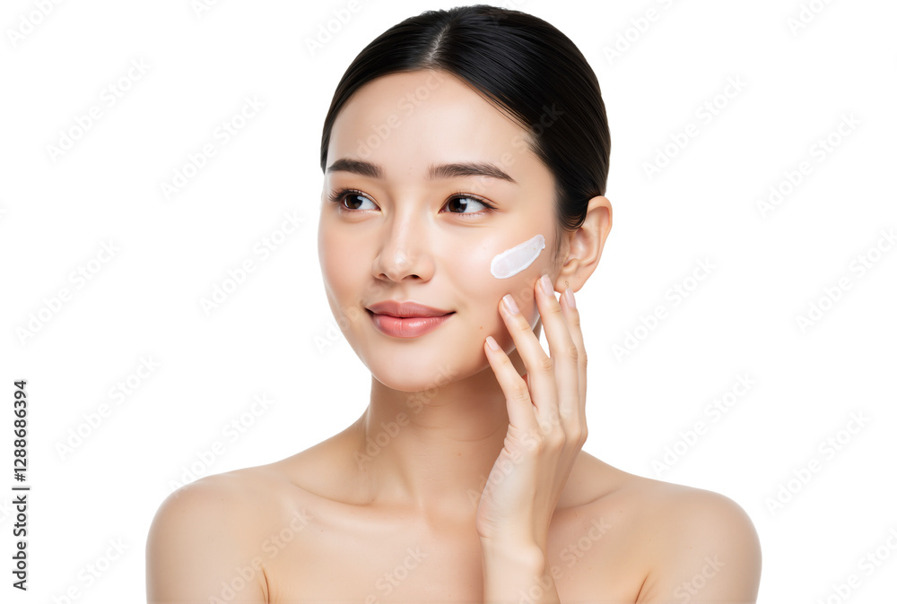 Portrait of a Young Beautiful Brown-Eyed Woman with Face Cream on Cheekbones on Transparent Background, PNG format Portrait of a Young Beautiful Brown-Eyed Woman with Face Cream on Cheekbones on Transparent Background, PNG format