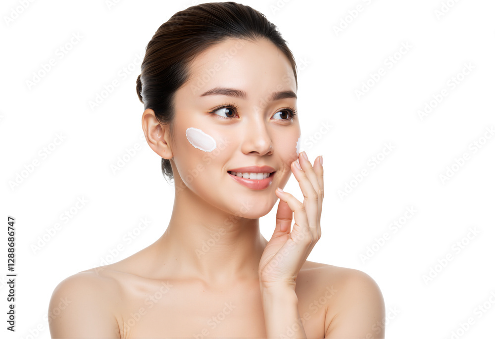 Portrait of a Young Beautiful Brown-Eyed Woman with Face Cream on Cheekbones on Transparent Background, PNG format Portrait of a Young Beautiful Brown-Eyed Woman with Face Cream on Cheekbones on Transparent Background, PNG format