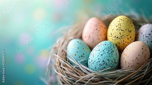 easter eggs in a nest, close up of a easter eggs in the basket
