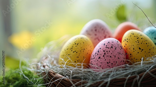 easter eggs in a nest, close up of a easter eggs in the basket