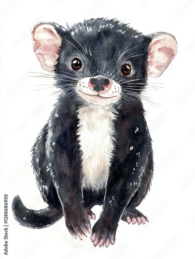 Fototapeta premium Charming Tasmanian Devil Cub Watercolor Portrait Depicting Vulnerability and Youthful Curiosity