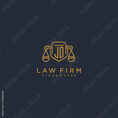 JO letter monogram for lawfirm logo with scale and shield vector
