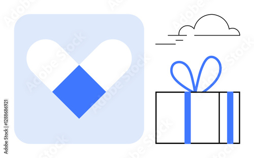 Heart-shaped logo within square, cloud, and gift box with blue ribbon. Ideal for themes of love, charity promotions, gifts, wellness, holidays branding online services. Line metaphor