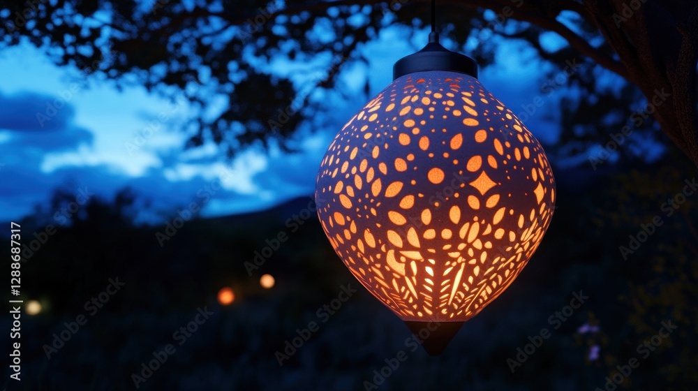 Fototapeta premium Illuminated outdoor lantern hanging at dusk, garden backdrop, ambient lighting