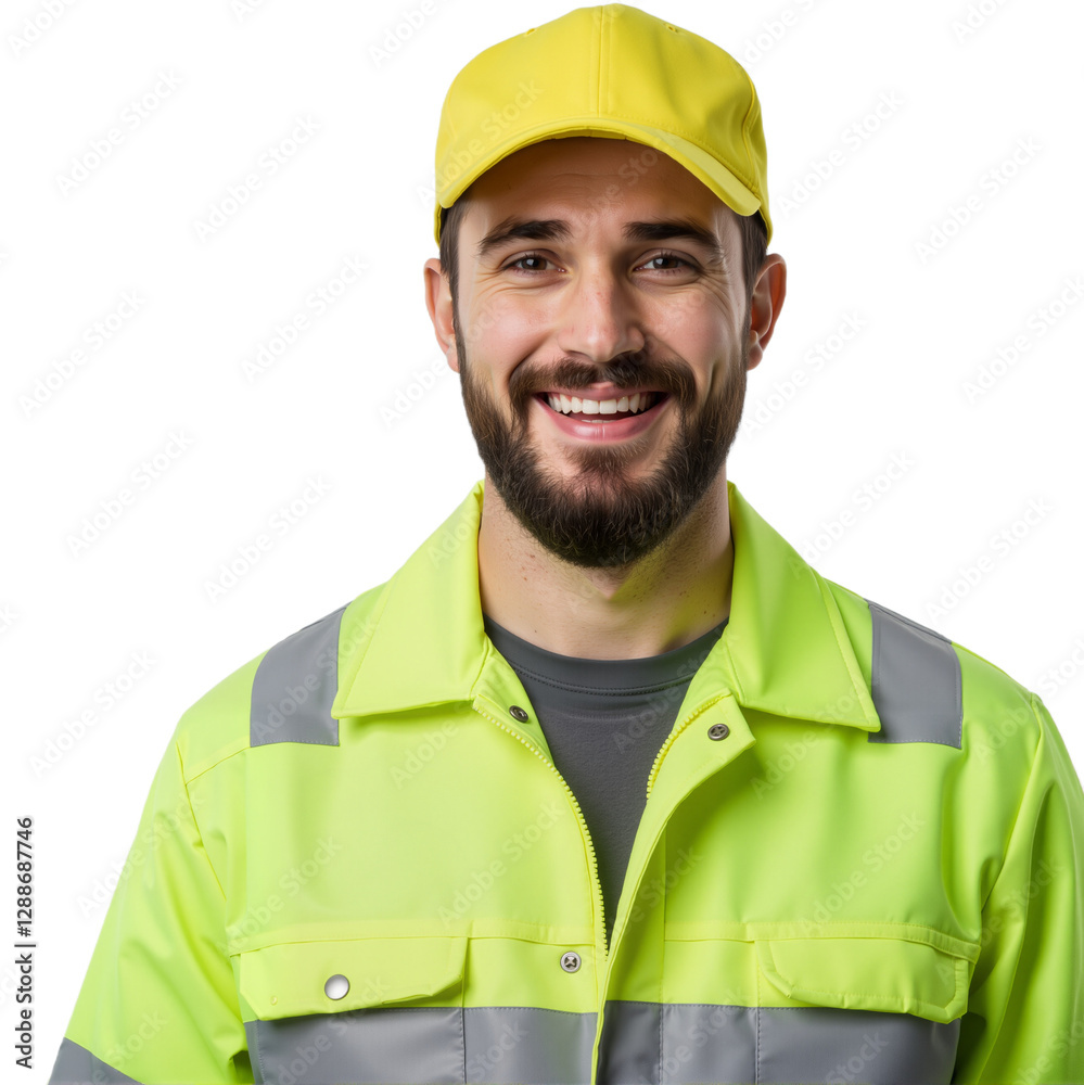 Portrait of a Smiling Manufacturing Worker Wearing a Hat, Isolated on a Transparent Background, PNG Format Portrait of a Smiling Manufacturing Worker Wearing a Hat, Isolated on a Transparent Background, PNG Format