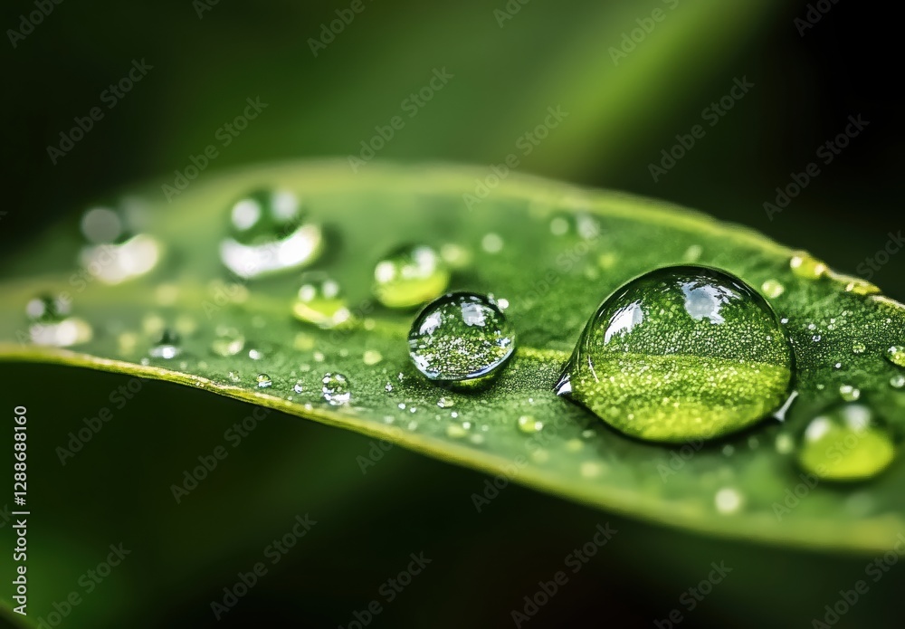 Fototapeta premium Nature close-up water droplets on green leaf macro photography lush environment aesthetic viewpoint