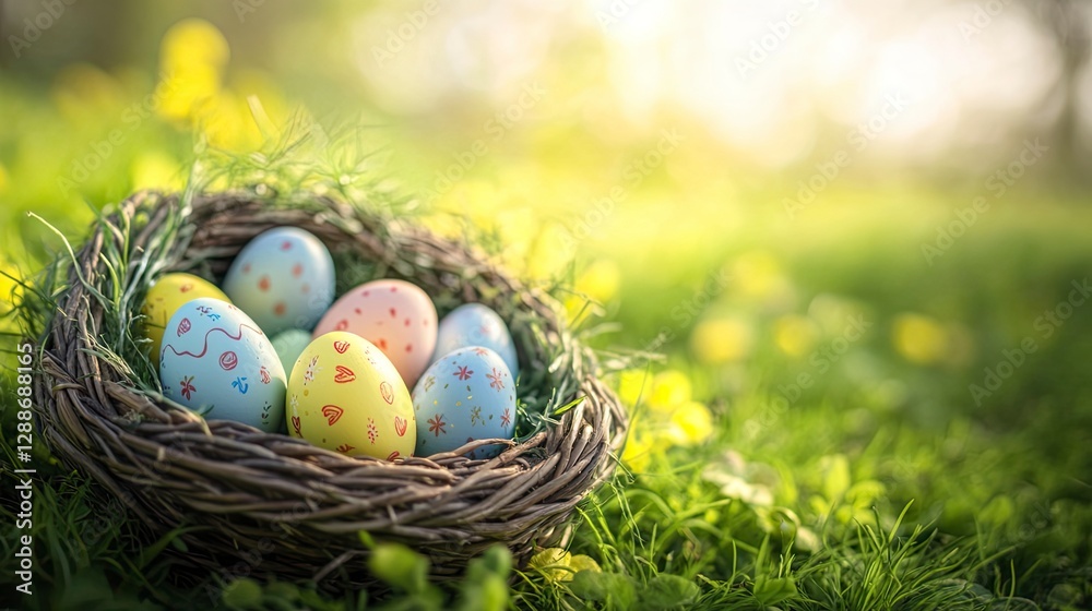 Fototapeta premium easter eggs in a nest, close up of a easter eggs in the basket