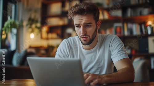 young lokking at the monitor of laptopwith worried face expression