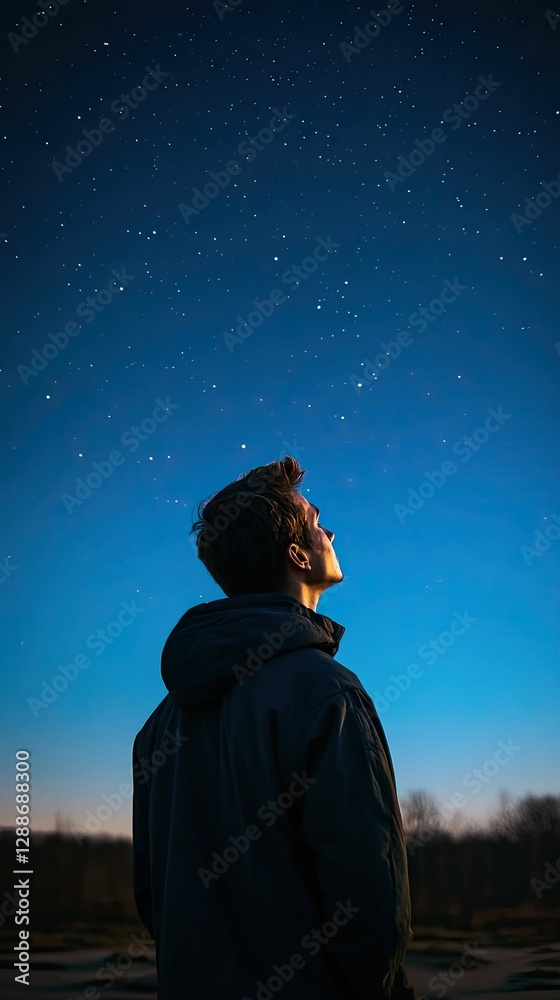 Person gazing at night sky, stars above. Person gazing at night sky, stars above.