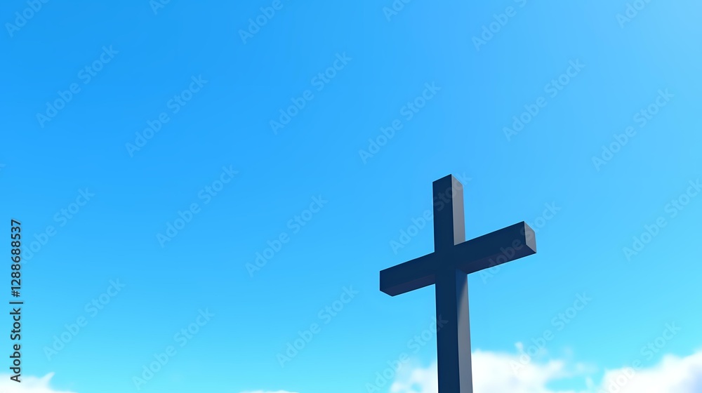 Christian cross silhouette against bright blue sky with white fluffy clouds, dramatic religious symbol photographed from low angle perspective. Christian cross silhouette against bright blue sky with white fluffy clouds, dramatic religious symbol photographed from low angle perspective.