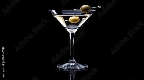 Elegant Martini Cocktail with Olives on Black Background