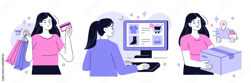Shopping and delivery set. Woman character buy online, purchase by credit card, receive parcel. E-commerce, internet marketing, retail concept. Vector illustration. Shopping and delivery set. Woman character buy online, purchase by credit card, receive parcel. E-commerce, internet marketing, retail concept. Vector illustration.